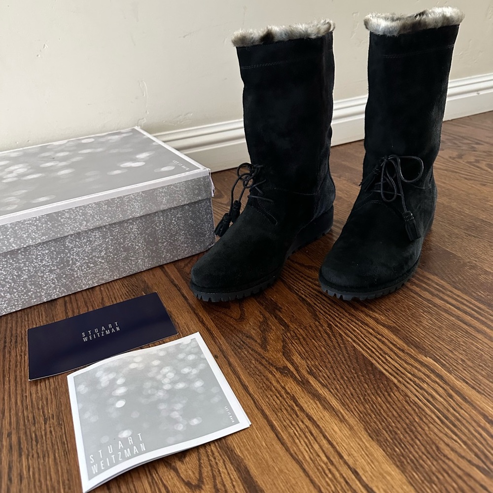 Stuart Weitzman sockette faux fur lined suede boot